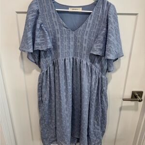 Blue V-Neck Dress with Flutter Sleeves
